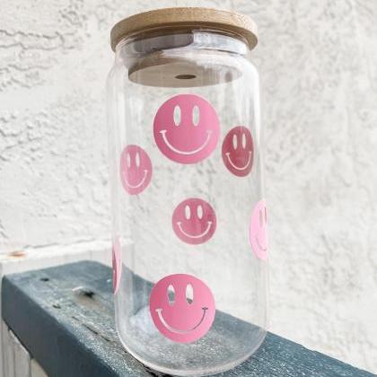 Pink Smiley face beer glass can, Ha..