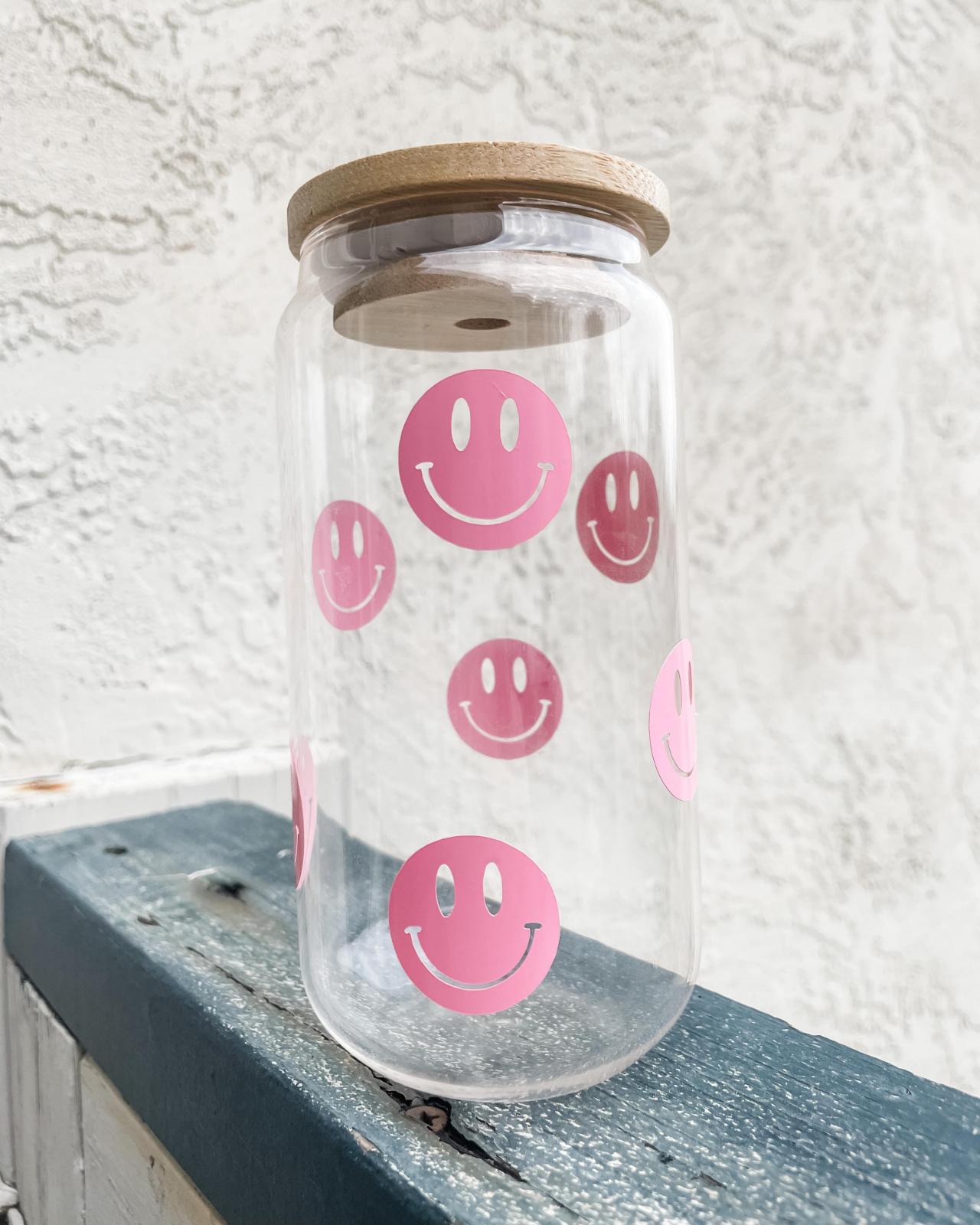 Pink Smiley face beer glass can, Happy face beer glass can, Smiley face cup, Ice coffee glass cup, soda can glass, Beer glass can cup