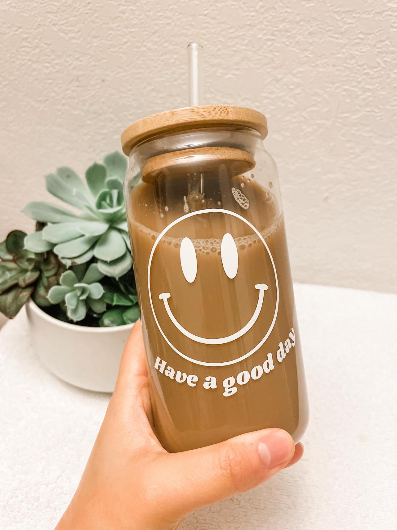 Happy Face Beer Can Glass, Smiley Face Drinkware, Ice Coffee Cup, Emoji Face Glass Mug, Personalized Gift,coffee Glass