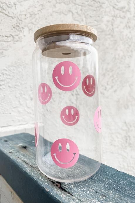 Pink Smiley face beer glass can, Happy face beer glass can, Smiley face cup, Ice coffee glass cup, soda can glass, Beer glass can cup