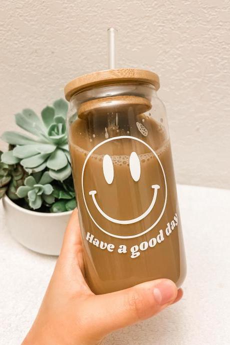 Happy Face Beer Can Glass, Smiley Face Drinkware, Ice Coffee Cup, Emoji Face Glass Mug, Personalized Gift,Coffee Glass